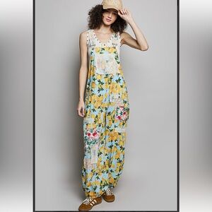 POL Floral Patchwork Blue and Yellow Jumpsuit